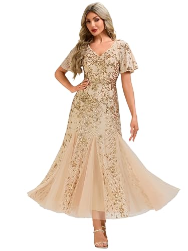 Ever-Pretty Pailletten Ballkleider Abendkleid Damen Lang Tull V-Ausschnitt Maxi Partykleid Gold 44