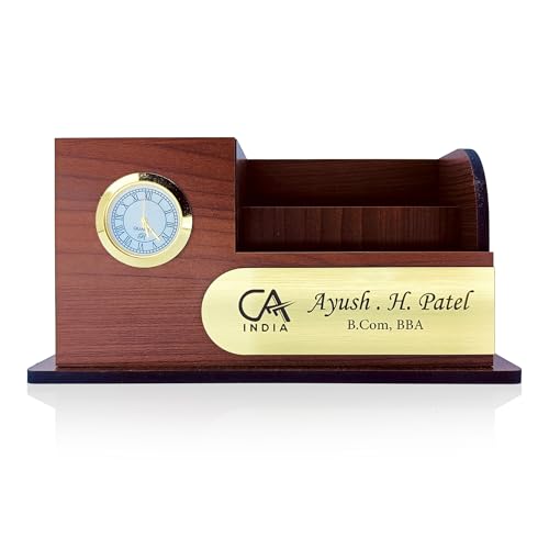 Image of AJANTA ROYAL Elegant Desktop Organizer with Clock, Pen Stand & Phone Holder & Personalized Name Tag, A unique corporate gift. (Brown)
