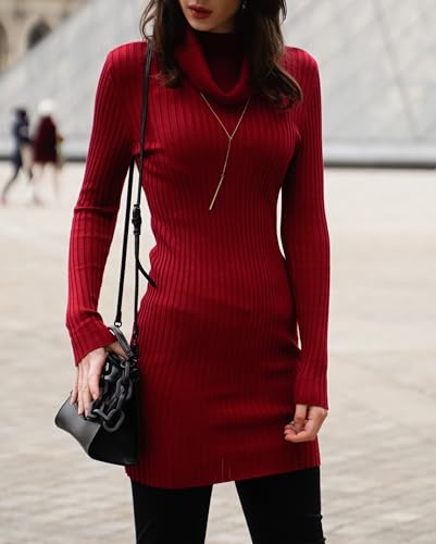 Image of v28 Sweater Dress for Women Ribbed Knit Fitted midi Sexy Fall Winter Bodycon Cowl Neck Dresses