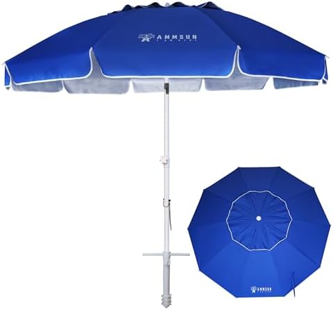 AMMSUN 8 Feet Large Beach Umbrella with Sand Anchor Heavy Duty High Wind Portable Outdoor Umbrellas UPF 50+ Protection Air Vent Tilt Patio Garden Pool Blue