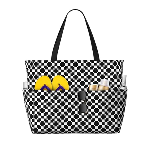 Large Beach Bags Water-resistant Sandproof - Black and white checkered Cute Beach Tote Bags for Women with Zipper