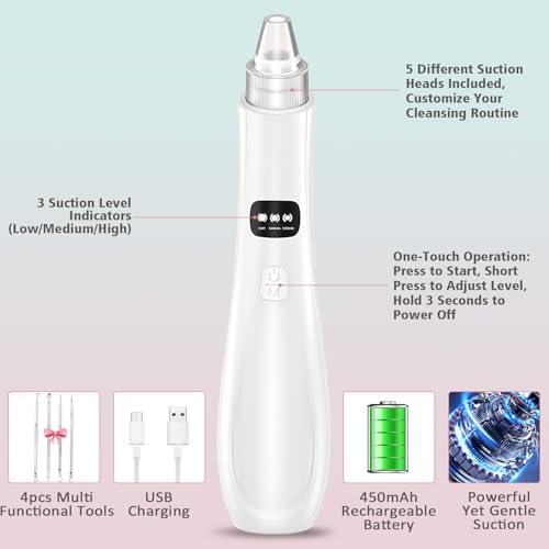 Image of Blackhead Remover Pore Vacuum, Blackhead Extractor-5 Suction Power 3 Adjustable Suction,USB Rechargeable Facial Pore Cleaner Kit Electric Extractor Tool for Women & Men (White)