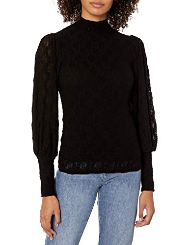 Only Hearts Women's Stretch Lace Pleat Sleeve Mock Neck, Black, Medium