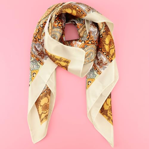 Image of DRESHOW 35 inch Large Square Satin Head Scarf - 4Pcs Silk Accessories Classic Patterned Squares Beach Bandanas for Women
