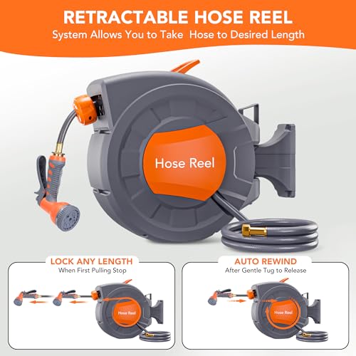Garvee Retractable Garden Hose Reel - 1/2 in x 72 Ft, Wall Mounted, 9-Function Sprayer, Any Length Lock, 180° Swivel, Automatic Rewind & Slow Return System by Garvee - Used condition - Image 2