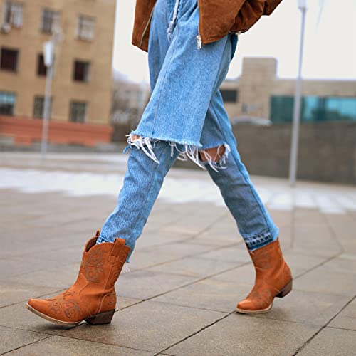 Rollda Women's Cowboy Boots Western Fashion Ankle Cowgirl Boots With Pull-Up Tabs Snip Toe Mocha Brown Size 6 #TOP6