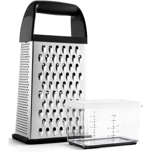 Urbanstrive Cheese Grater With Container, Professional Cheese Grater with Handle, Stainless Steel Graters for Kitchen Handheld, Box Grater with 4 Sides for Vegetables, Ginger, Potatoes, Black