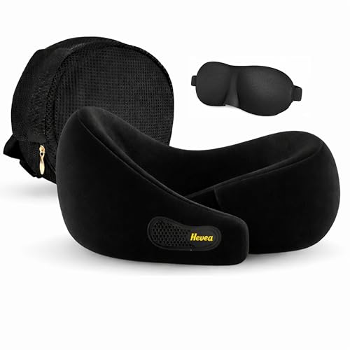 Image of HEVEA Travel Neck Pillow with Eye Mask,100% Memory Foam & 360 Degree Neck Support Pillow for Flight, Car, Bus,Train Travel, Adjustable Velcro, Washable Velvet Cover, Free Travel Pouch.. (Black)