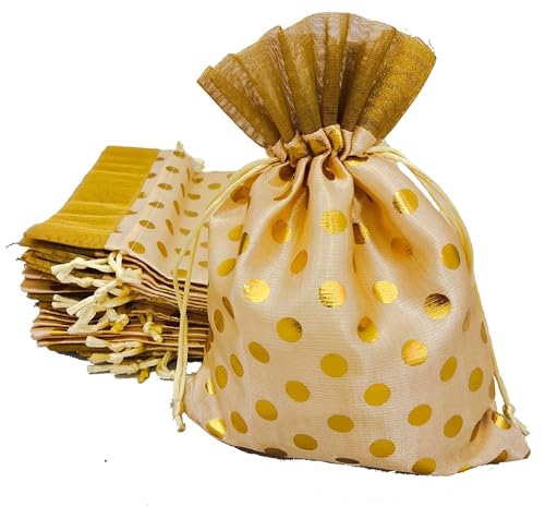 Image of 3A Featuretail 13CM X 18CM Small Drawstring Bags Pouches Potli for Gift Wedding Jewelry Packaging Bridal Party Favors for Women (15pc Pack, Cream Color Golden Polka Dot)