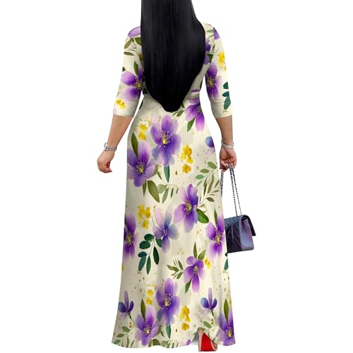 Image of Women Plus Size Long Sleeve V Neck Maxi Dress with Belt | Soft fabric relaxed fit three quarter sleeve v neck with pockets for party and daily wear