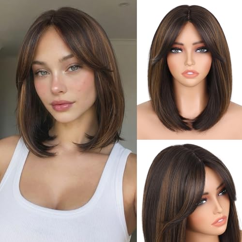 Lady Miranda 12 Inch Bob Wig with Curtain Bangs Short Straight Mixed Brown Bob Wig with Bangs Natural-Looking Synthetic Wig Daily Wear and Go Wigs for Women (Mixed Brown)