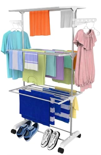 Image of H Houseware Single Pole Stainless Steel 3 Tier Cloth Drying Stand with Wheels | Foldable Clothes Dryer & Laundry Rack | Rustproof & Portable | 43.2D x 78.7W x 165H cm(White)