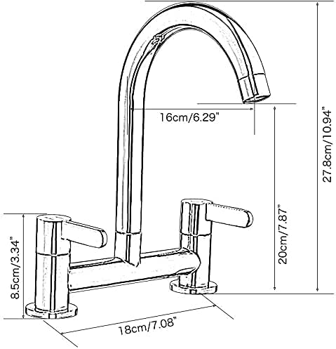 Kitchen Sink Mixer Taps, Brushed Kitchen Tap, Chrome Dual Lever 1/4 Turn Lever Control, 360° Swivel Spout 2 Hole Bridge Tap Cold and Hot Mixer Tap(Silver) - 2