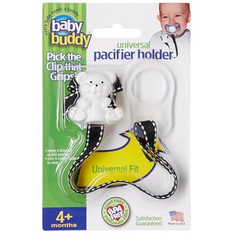 Baby Buddy Pacifier Clip Holder, Newborn Essential with Universal Fit for All Binky and Teether Brands, Ages 4+ Months, Black & White, 1 Pack Cover