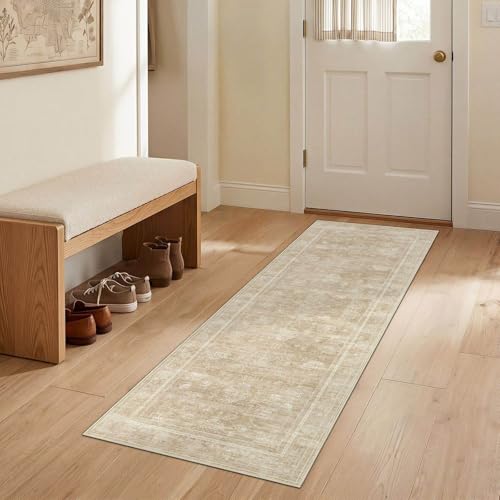 2x6 Machine Washable Runner Rug: Vintage Non Slip Low-Pile Stain-Resistant Hallway Floor Carpet, Soft for Entryway Kitchen Bathroom, Kid Pet Safe Robot Vacuum Friendly - Brown — view 6