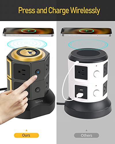 Superdanny Power Strip Tower With 15W Wireless Charger, 6.5Ft Retractable Extension Cord, 1050J Surge Protector, Spin Standing Charging Station With 8 Ac Outlets 4 Usb Ports For Home, Office, Garage #TOP2