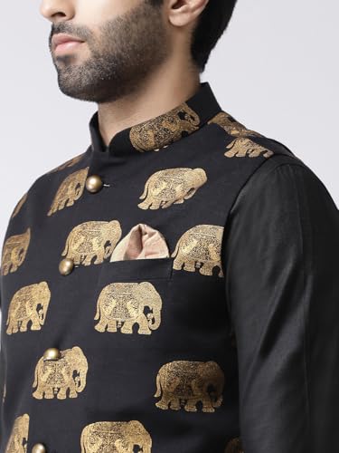 Image of KISAH Men's Black Printed Cotton Nehru Jacket- Traditional Indian Waistcoat for Weddings & Festive Occasions