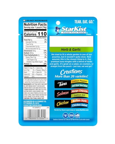 Image of StarKist Tuna Creations Variety Pack, 3-Pack Trial (Tuna Salad, Lemon Pepper, Herb & Garlic), Ready-to-Eat Tuna Pouches, 13g-18g Protein, On-the-Go Snack or Meal