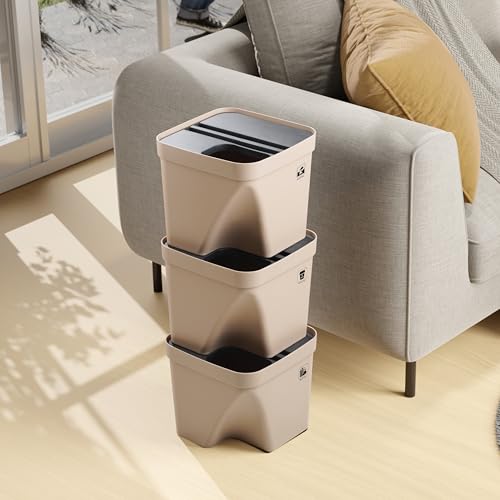 Image of 10L Dustbin with Lid | Beige | Pack of 3 | Multipurpose Garbage Bin for Kitchen, Home & Office | Wet & Dry Waste Basket for Food Waste, Recycling & Indoor Outdoor Use