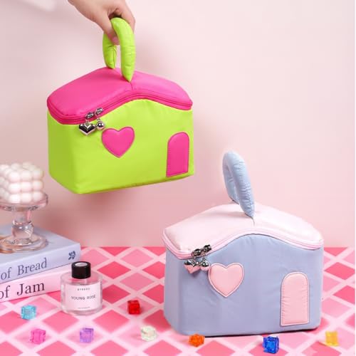 Image of House of Quirk Large Capacity Makeup Bag for Women, Portable Cosmetic Organizer, Water-Resistant Travel Toiletry Bag with Handle, Cute Heart Design, Zipper Vanity Storage Case (Green /Pink)