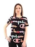 Corte estándar Champion Legacy American Classics All-Over Logo S/S Camiseta, Negro, L para Mujer