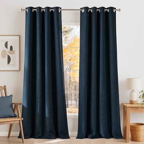NICETOWN Faux Linen Navy Blue Blackout Curtains 84 inches Long