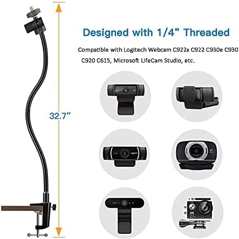 Tencro Adjustable 27" Gooseneck Desktop Webcam Stand Holder Camera Desk Clamp Mount for Logitech Webcam C925e C922x C922 C930e C930 C920 C615 and More (1/4" Threaded) Webcam Stand (Standard)