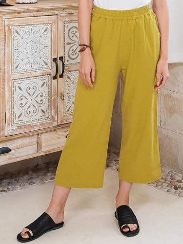 Image of ECUPPER Womens Cotton Cropped Pants Loose Fit Wide Leg Trousers | Casual, Plus Size, Elastic Waist, Capri, 100% Cotton, Slant Pockets, High Rise Waist, Lounge Pants
