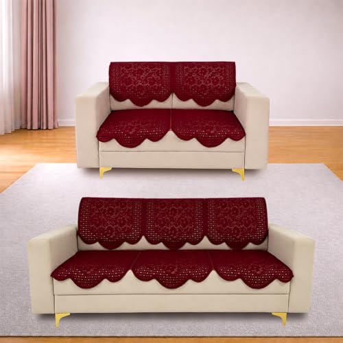 Image of Homerz Premium 'Surya Series' Sofa Cover | Stylish Sofa Protector | Net Fabric | Anti-Stain & Washable Slip Cover Exact Size Antislip (Flower Valley Maroon, 5 (3+2) Seater, Seat Cover with Backrest)