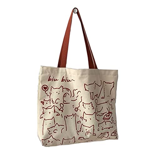 Image of Women's Canvas Cat Print Shoulder Bag - Cat Graphic Hobo Crossbody Handbag