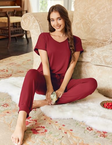 Image of Ekouaer Lounge Sets for Women 2 Piece Pajamas Short Sleeve Tops and Long Pants Jogger Pjs Tracksuit Set,Wine,XXL