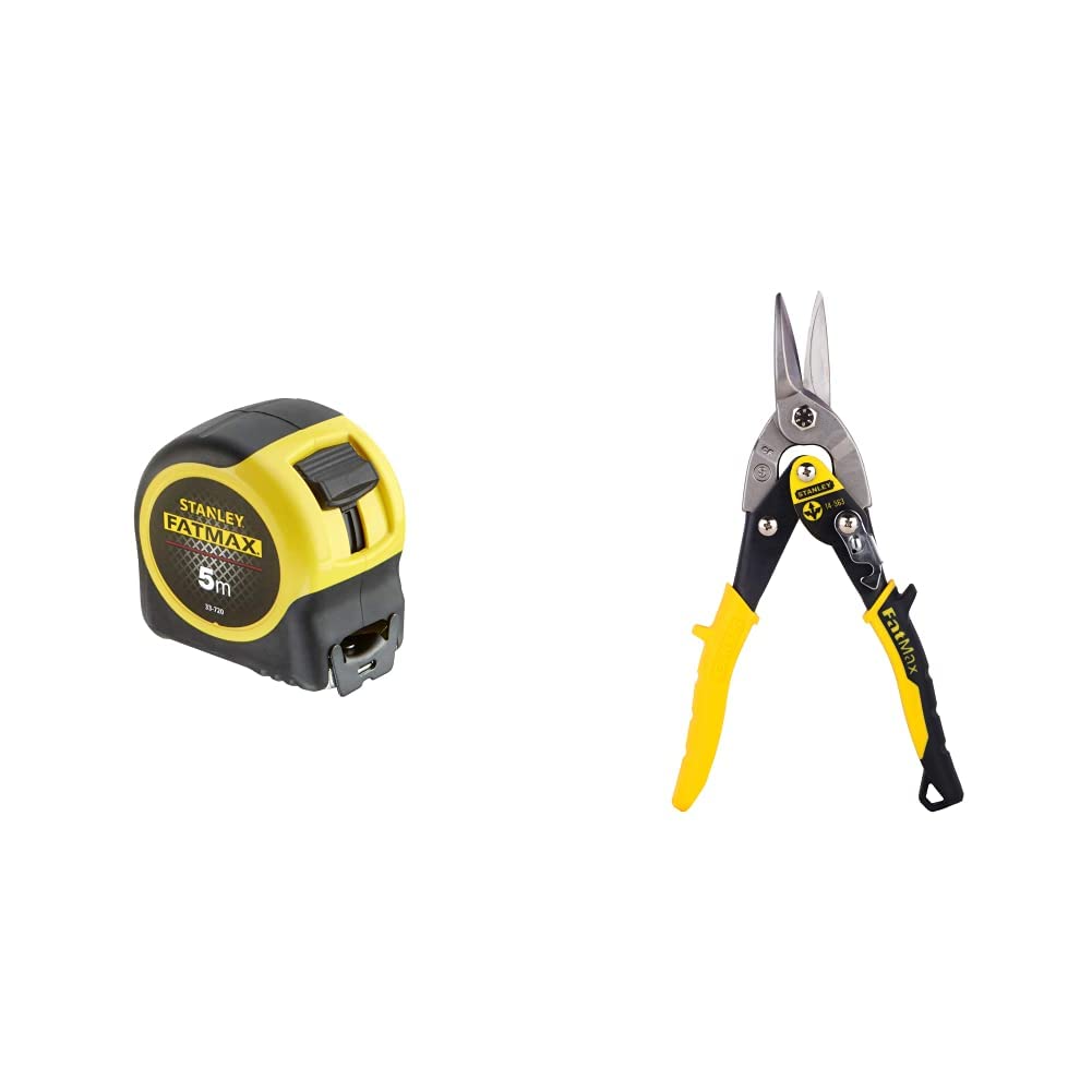 STANLEY FATMAX Mètre à Ruban 5 M - Revêtement Blade Armor - Ruban Ultra Épais - Plus Résistant - Revêtement Mylar Anti-Abrasion et & FATMAX Cisaille Aviation Tête Droite Acier Forgé Chromé