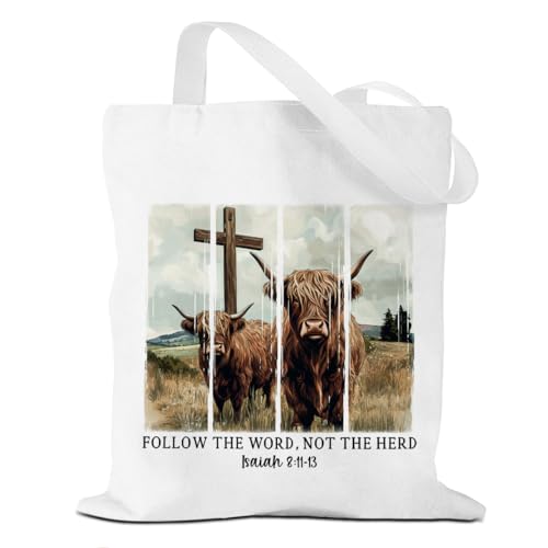 Henhesaha Funny Highland Cow Canvas Tote Bag, Reusable Grocery Shopping Cute Shoulder Bag for Travel, Work Beach, Western Cow Gifts for Women Her Best Friend Sister Mom Friendship Birthday Christmas