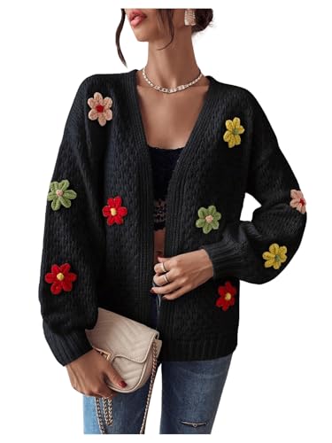 Image of Milumia Women's Floral Knit Open Front Long Sleeve Loose Sweater Cardigan Black X-Small