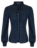 Women Victorian Renaissance Shirt Long Sleeve Button Down Top Stand Collar Blouse Navy Blue XL
