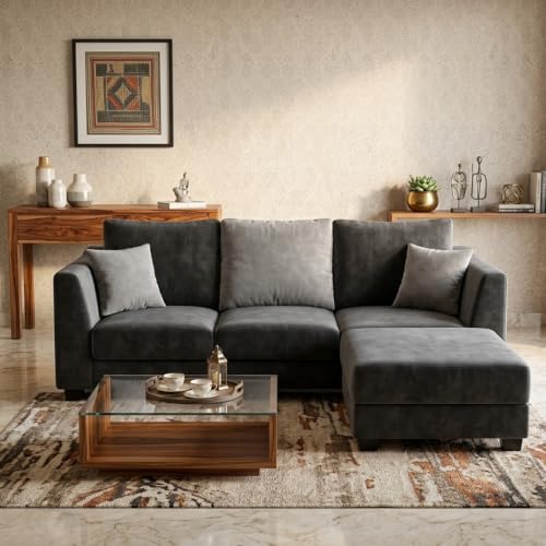 Image of SOCOZI Trevano 4 Seater L Shape Sofa Set with Movable Ottoman | Flexible Left or Right Layout | Soft Velvet Suede Fabric | Modern Design | Plush Comfort Cushions for Living Room (Dark Gray-Light Gray)
