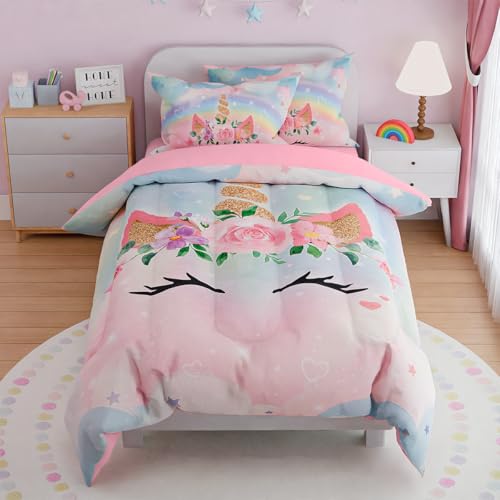 Image of SANDJEST Unicorns Bedding Set for Girls Kids Teen Tween, Ultra Soft Microfiber Comforter Set Twin Size with 3-Pieces, Comforters Bed Sets Bedroom Decor