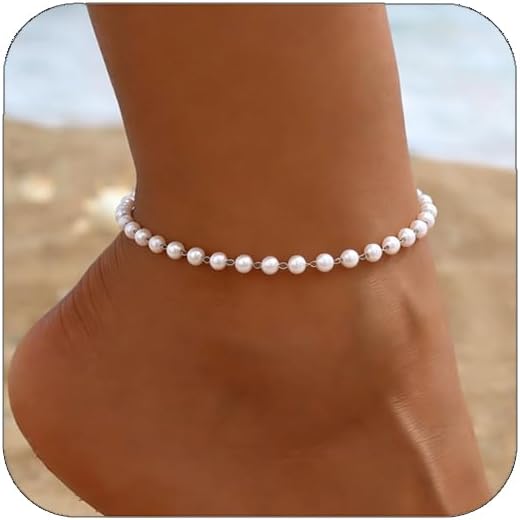 Waterproof Anklet Sterling Silver Plated Stainless Steel Ankle Bracelets for Women Figaro Pearls Chain Summer Beach Foot Jewelry 8.5+2 inches