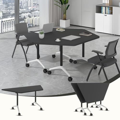 EIELIZ Small Conference Table, Folding Conference Table, Moveable Conference Room Table with Rolling Wheels, Flip-Top Seminar Table Training Tables for Office,Meeting Room (2, Black)
