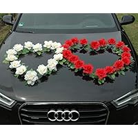 Autoschmuck - Coppia di cuori decorativi in rattan con rosa, da applicare sulle auto, ideali per matrimoni Rosa / bianco