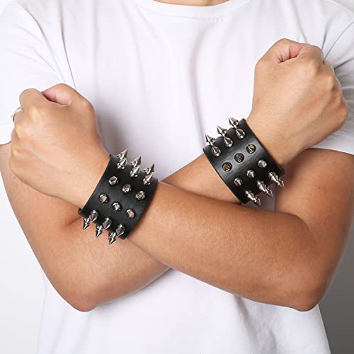 HZMAN Unisex Black Metal Spike Studded Punk Rock Biker Wide Strap Leather Bracelet3