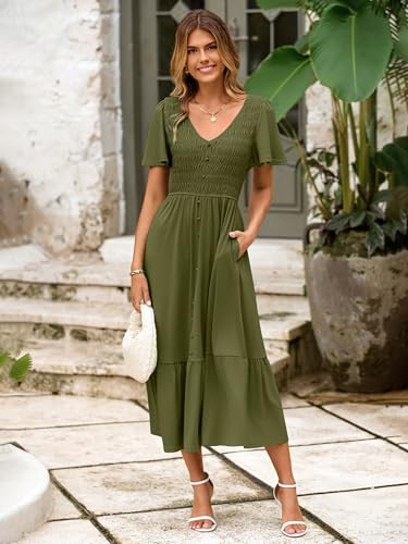 Image of Simplee Womens Summer Smocked Flowy Dress - Casual Flutter Sleeve Tiered Boho Maxi Dresses with Pockets