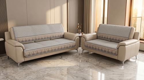Image of Gray Velvet Sofa Mat, 3+2 Set | Full Cover for Seat & Back, Anti-Skid, Machine Washable