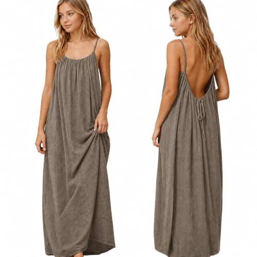 Image of Backless Cami Dress for Women Summer 2026 Sleeveless Long Maxi Casual Sundress Ladies Flowy Open Back Lounge Dresses for Holiday Beach House Solid Color (UK, Alpha, XS, Regular, Regular, Coffee(Girl))