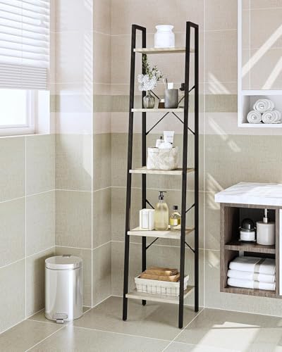 Image of Hzuaneri Ladder Shelf, Bookshelf Bookcase, Freestanding Corner Storage Shelve with 2 Hooks for Home Office, Living Room, Kitchen, Bedroom, Industrial, 11.8 inch D x 13.4 inch W x 63 inch H, Greige BC03205B