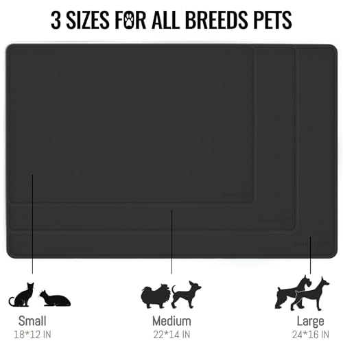 MateeyLife Dog & Cat Food Mat for Floors Waterproof, Nonslip Dog Bowl Mats for Food and Water, Dog Feeding Mats with Raised Edges, Silicone Cat & Dog Water Matt Tray for Messy Drinkers, 18\"x12\", Black