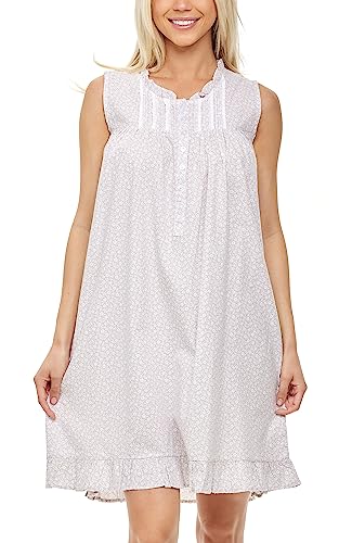 Alexander Del Rossa Camisón Victoria de algodón para mujer, sin mangas, con encaje, con botones, vintage, vestido de noche, Floral blanco sobre gris, M