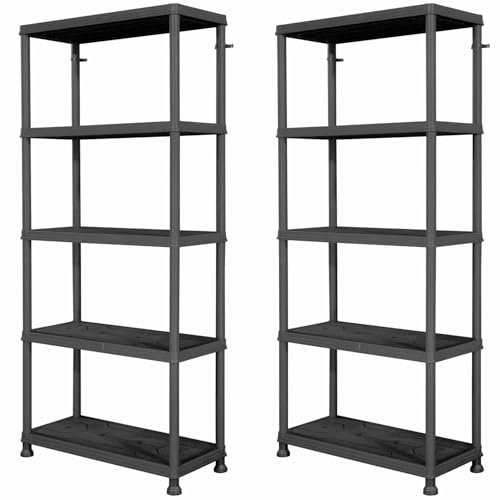 FIXKRAFT 2er-Set Steckregal Kunststoff Keller Regal für Abstellraum & Vorratsregal Küche 176cm Hoch Kunststoffregal zum Stecken 5 Böden Kellerregal Schmal in Schwarz (2, 5 Böden)