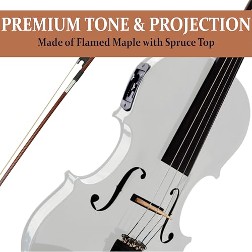 Cecilio 4/4 Full Size Acoustic & Electric Violin for Beginners & Professionals, Hand-Carved Solid Spruce Top, Ebony Fine Tuners, Full Set with Case, Bow, Rosin & AUX Cable (Pearl White)