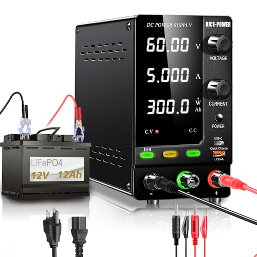 NICE-POWER DC Power Supply Variable 60V 5A, 300W LiFePO4 Nickel-Metal Lithium Ion Hydride Battery Charger 6V 12V 24V 36V 60V Battery Charging Power Supply Output Switch/OCP Function/Quick Charge Port